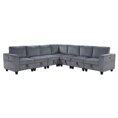 7-Piece Modular Sectional Couch with Storage, Pockets, Ports in Dark Gray Corduroy, Solid Wood