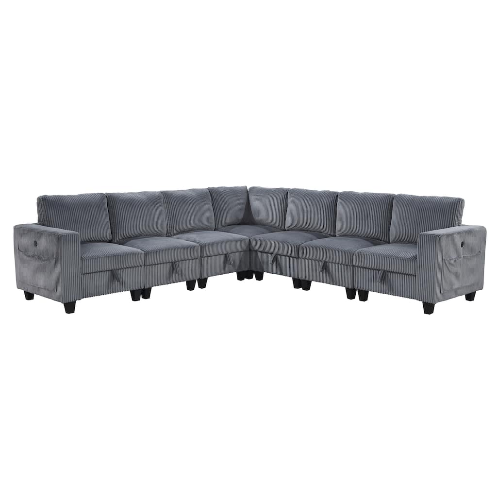 7-Piece Modular Sectional Couch with Storage, Pockets, Ports in Dark Gray Corduroy, Solid Wood