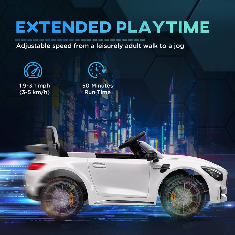 Mercedes-Benz AMG GTR Licensed 12V Kids Electric Ride-On Car with Remote Control, Music, Lights & 3 Speeds - White