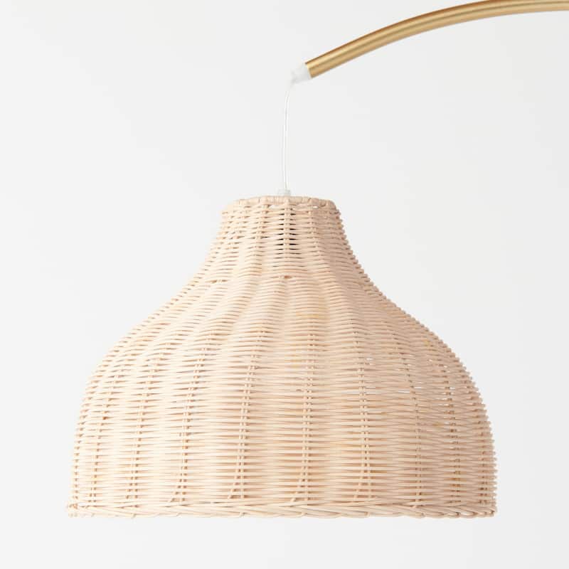 Brightech Lark 75 in. Antique Brass Mid-Century Modern LED Super Bright Floor Lamp with Beige Bamboo Empire Shade