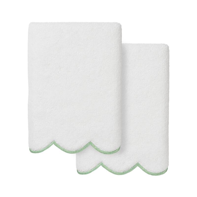 Authentic Hotel and Spa 100% Turkish Cotton ADORNIA Scallop 2PC Hand Towel Set - 2 Hand Towels - White/Green