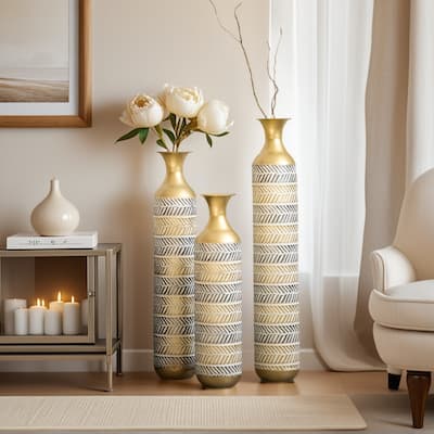 Set of 3 Vintage High Floor Oversized Large Glazed Metal Vase Flower Stands (24"/28.7"/33.5" H)