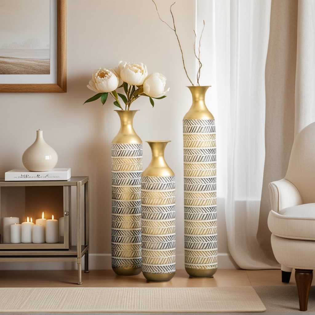Set of 3 Vintage High Floor Oversized Large Glazed Metal Vase Flower Stands (24"/28.7"/33.5" H)