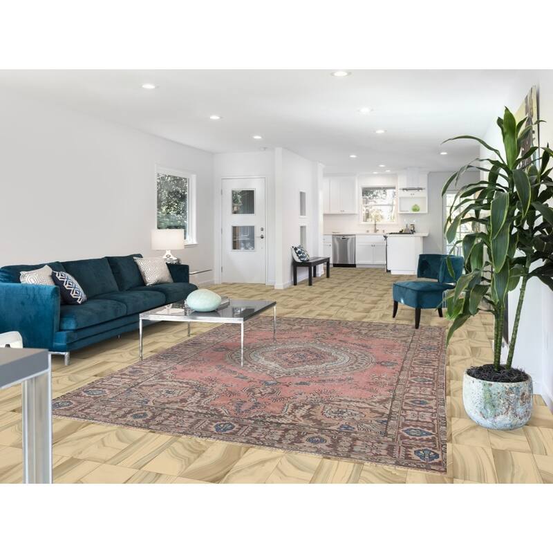 Pink Tabriz Vintage Persian Area Rug Hand-Knotted Wool Carpet - 6'8" x 9'9"