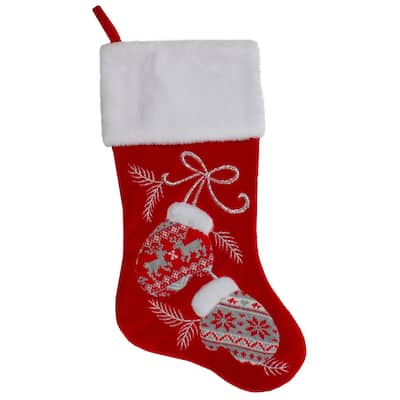 20.5-Inch Red and White Winter Mittens Embroidered Christmas Stocking - 20.5"