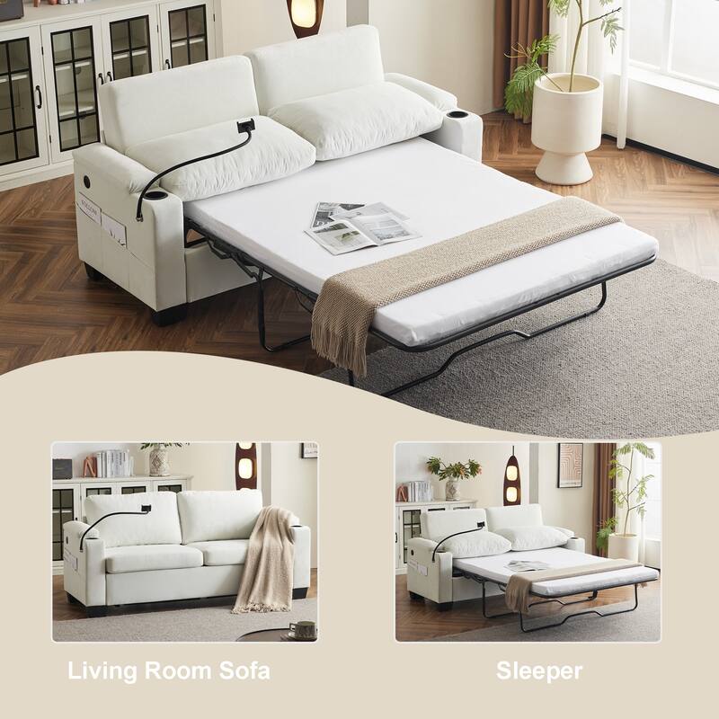 Chenille Pull-Out Queen Sofa Bed with USB Charging & Mobile Phone Holder