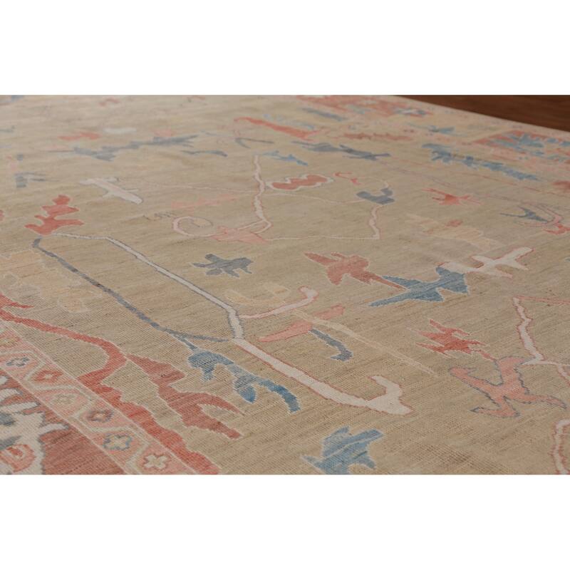 Hand Knotted Oriental 100% Wool Carpet Transitional All-Over Beige & Ivories Oushak Area Rug - 12' 2'' X 9' 4''