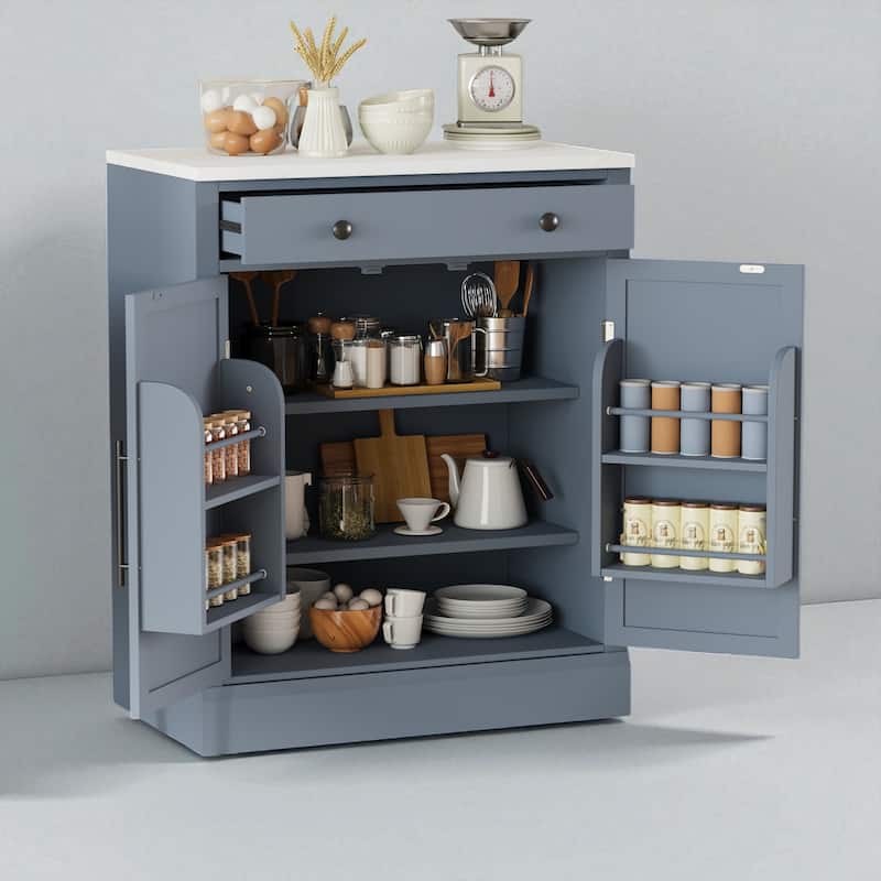 Freestanding Modern Kitchen Pantry with Faux Marble Top, 2 Adjustable Shelves, Drawer & 2 Door Shelves