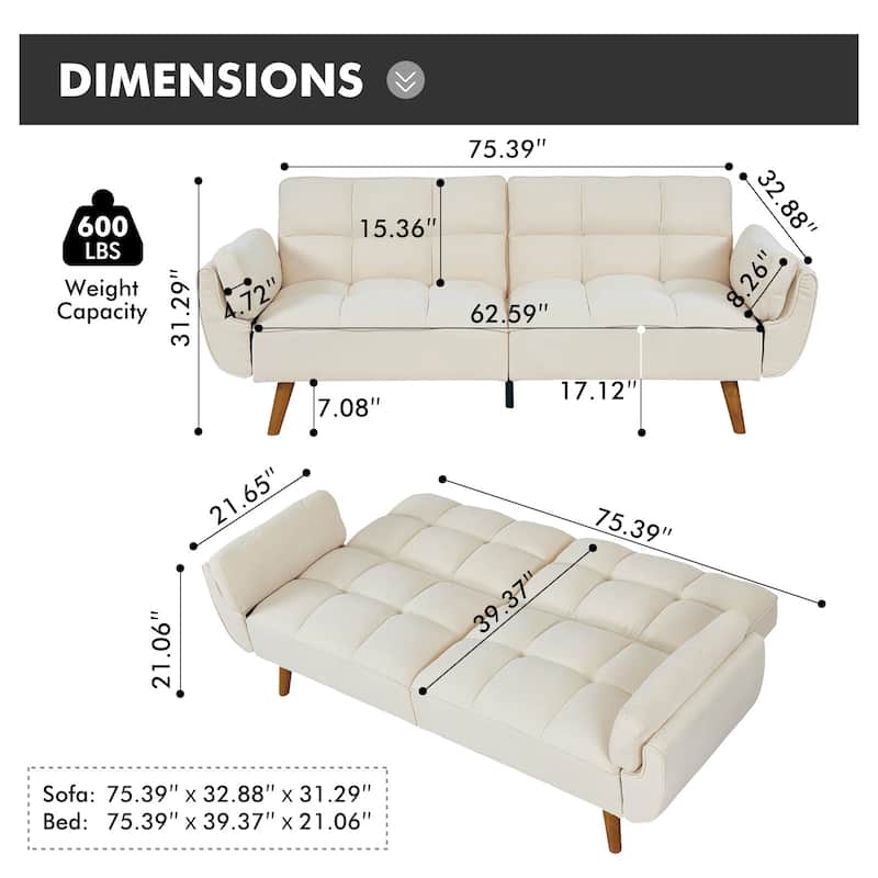 Futon Sofa Bed, Convertible Folding Futon Couch Recliner Lounge For Living Room With 2 Pillow/Armrest