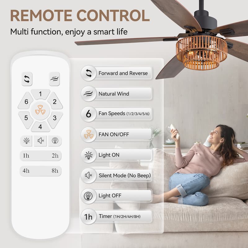 52-inch Farmhouse Ceiling Fan with Light and Remote(5 Reversible Blades）