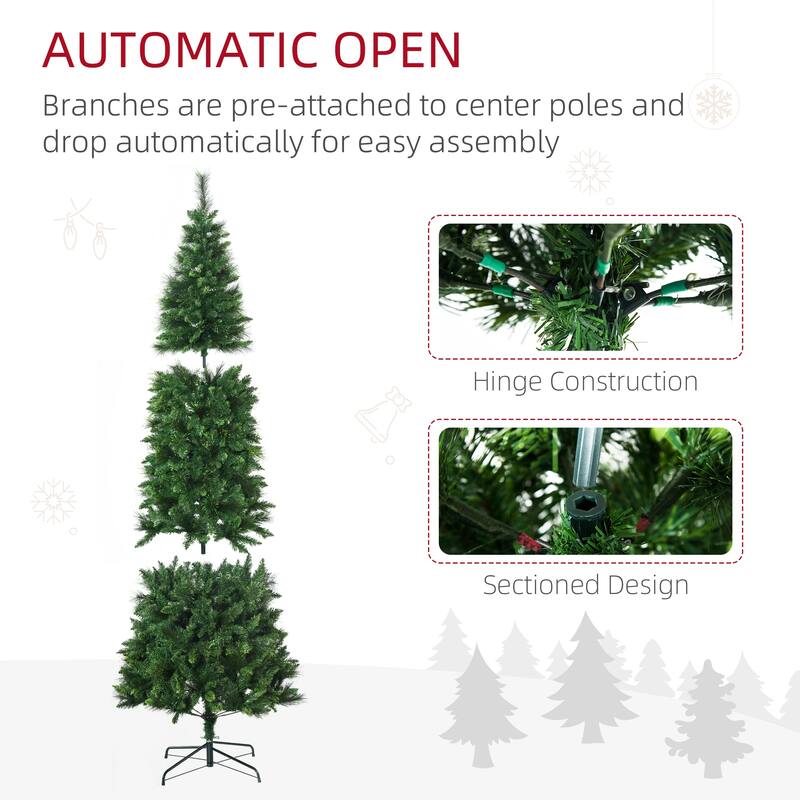 HOMCOM 7.5ft Tall Pencil Artificial Christmas Tree Holiday Décor with 1075 Branches, Auto Open, Steel Base, Pine Needles, Green