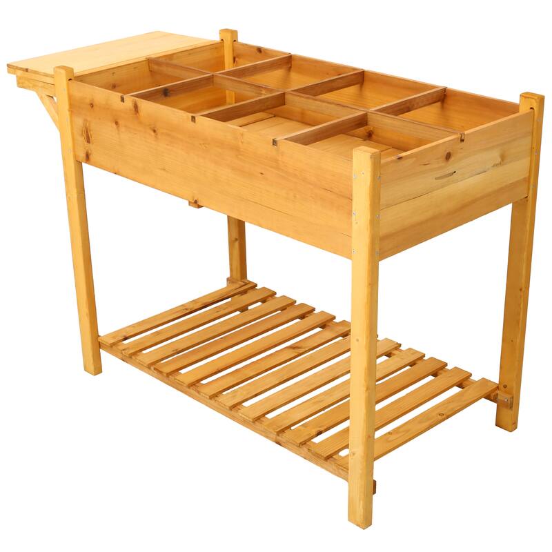 8 Pockets Horticulture Raised Garden Bed Elevated Wood Planter Box Stand with Foldable Side Table and Storage Shelf