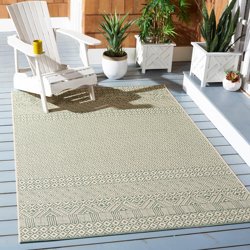 SAFAVIEH Courtyard Velia Indoor/ Outdoor Waterproof Patio Backyard Rug - 6'7" x 6'7" Square - Dark Green/Beige