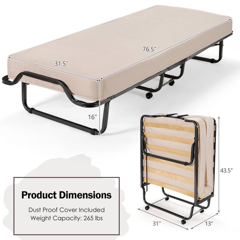 Rollaway Folding Bed with Memory Foam Mattress and Dust-Proof Bag