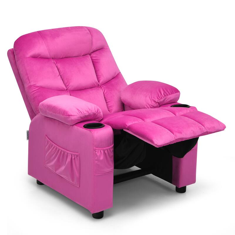 Gymax Kids Youth Recliner Chair Velvet Fabric w/Cup Holder & Side