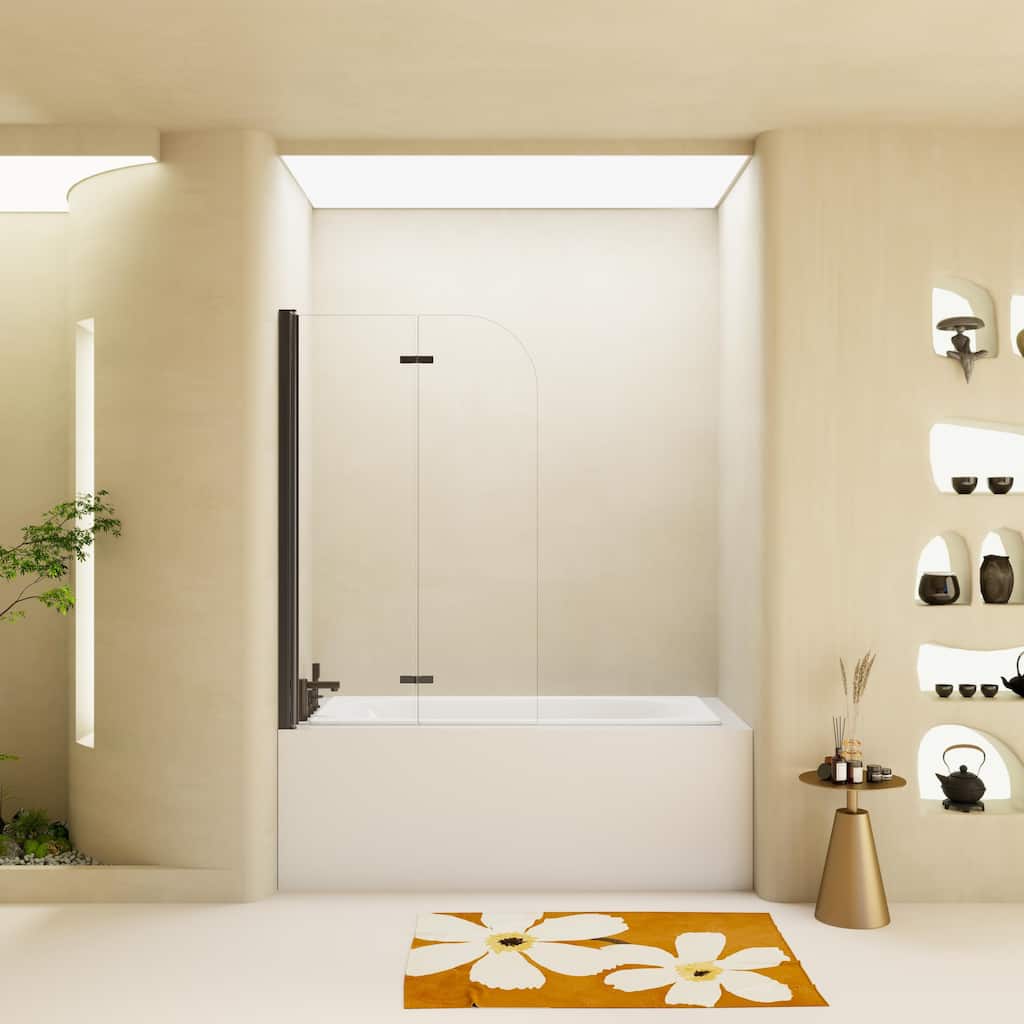 34" W x 58" H Frameless Folding Pivot Bathtub Shower Door, 1/4" Tempered Glass, Matte Black, Bifold Reversible Panel - 34x58"