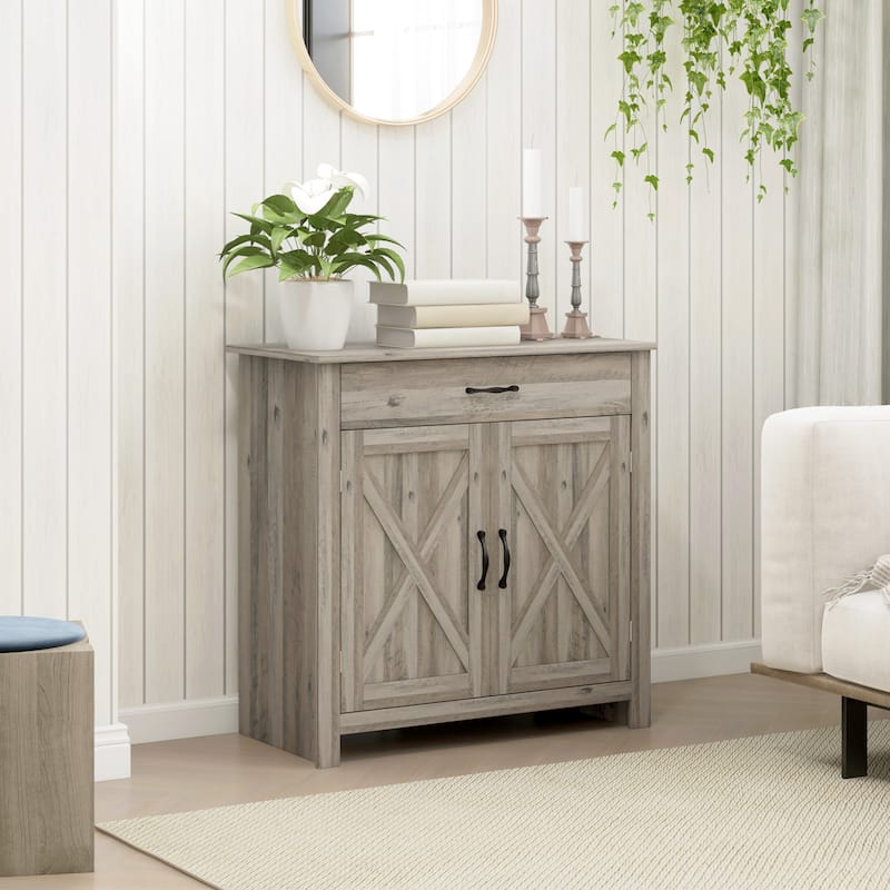 Farmhouse Buffet Cabinet with Barn Door, Drawer and Adjustable Shelf for Living Room, Entryway
