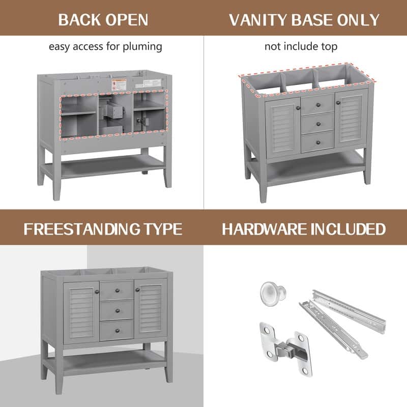 36" Bathroom Vanity with/without Sink, Bathroom Vanity Cabinet with 2 Cabinets and Drawers, Open Shelf, Solid Wood Frame