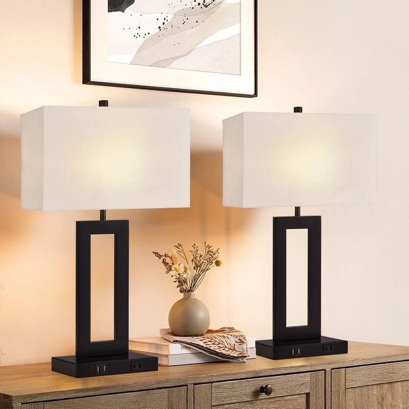 22" Gray USB Table Lamp Set With Touch Control