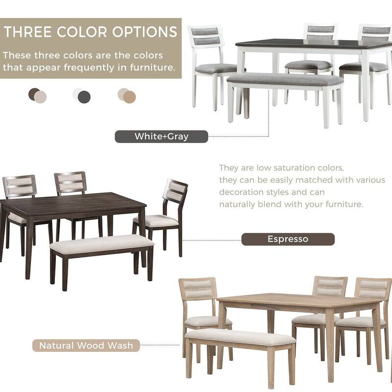 60'' rectangular dining table with 4 upholstered chairs and bench