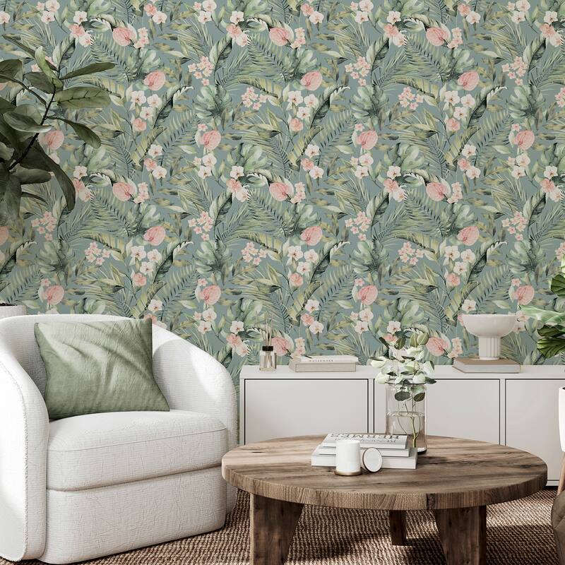 Arthouse Harrietta Sea Green Tropical Floral Wallpaper