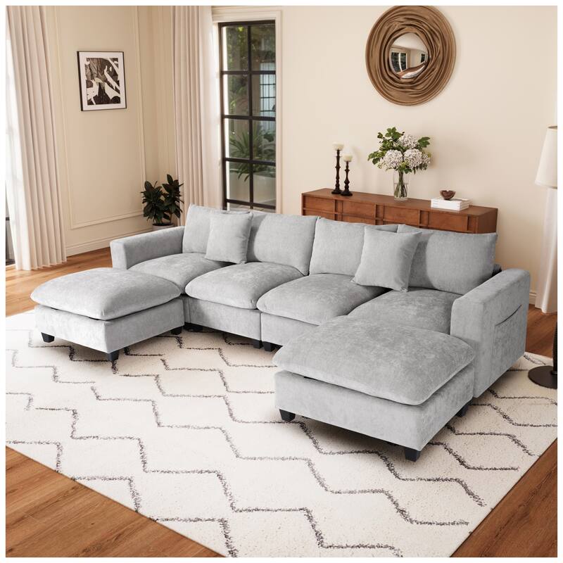 Lucca 6-Piece Chenille Upholstered Modular Sectional with USB Port