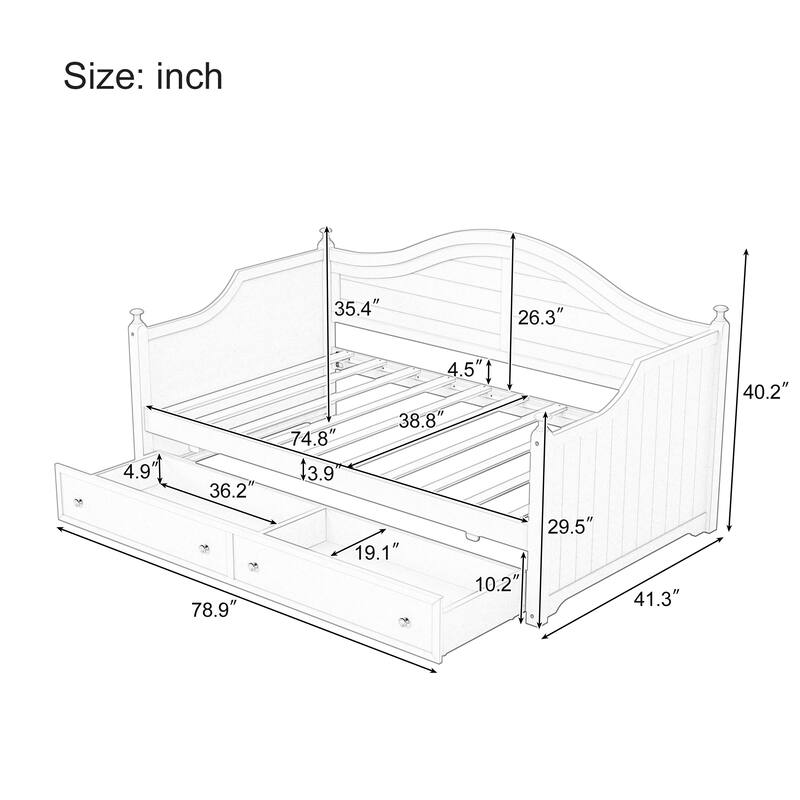 Wooden Daybed with 2 Storage Drawers, Twin Size Storage Platform Bed - Twin Size Extendable Day-bed Pop-up Trundle Bed, Sofa Bed