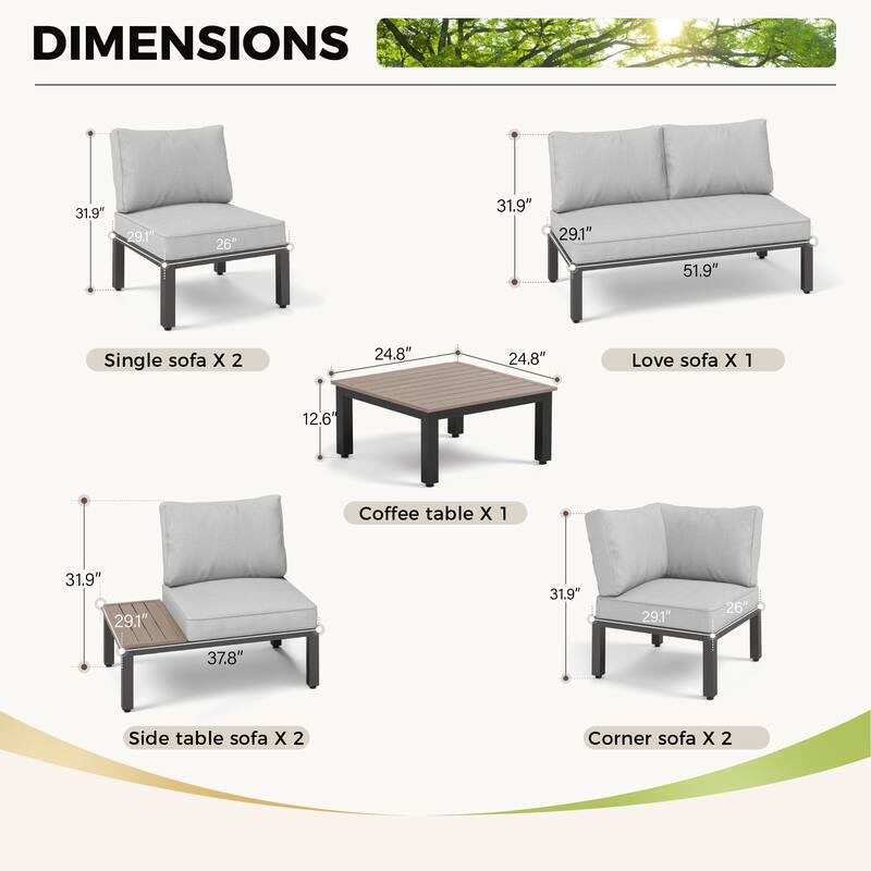 10-Seat Patio Sectional sofa set, E-coating Steel frame Conversation Sets with Built-in Side Table , Grey Cushion