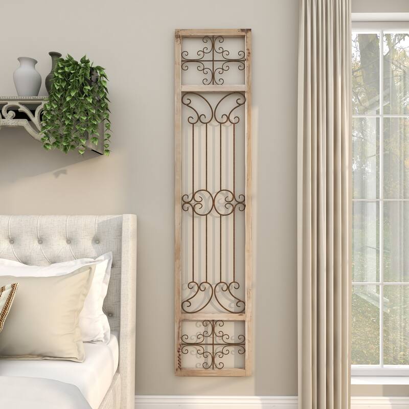 Wood Scroll Distressed Ornamental Panel Home Wall Decor with Bronze Metal Wire Details - Cream - Roche River Decor