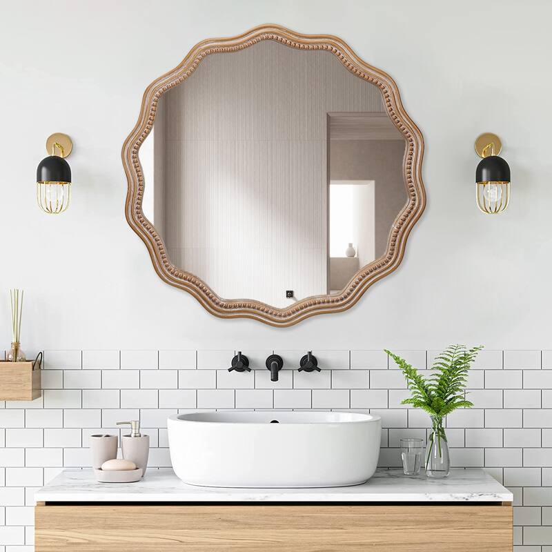 23.62" Wood Round Wavy Wall Scalloped Mirror Modern Farmhouse Decor