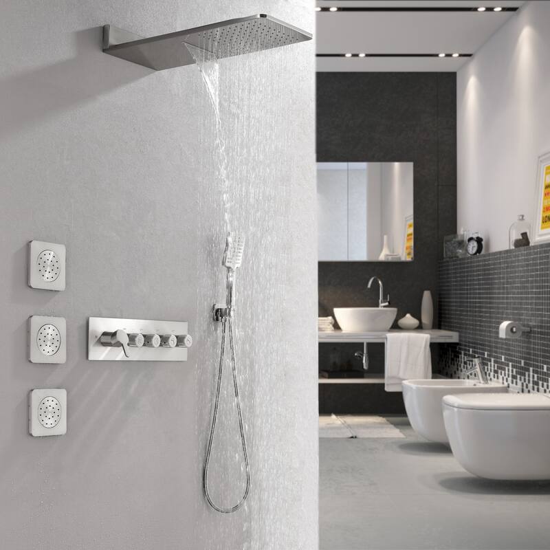 4-Mode Complete 24'' Rain and Waterfall Shower System with 3 Body Jets and Handheld Showerhead