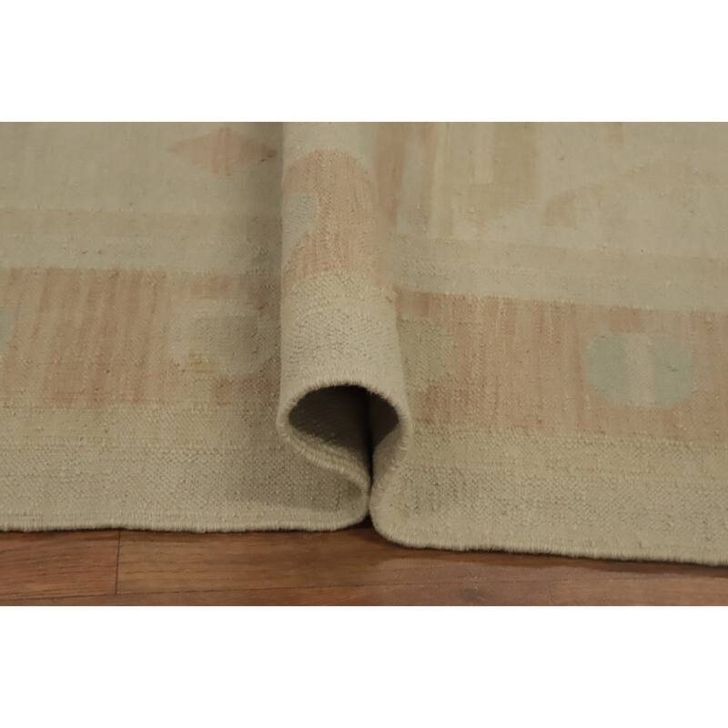 Hand Woven Oriental 100% Wool Carpet Southwestern Tribal Beige & Ivories Kilim Area Rug - 9' 8'' X 6' 9''