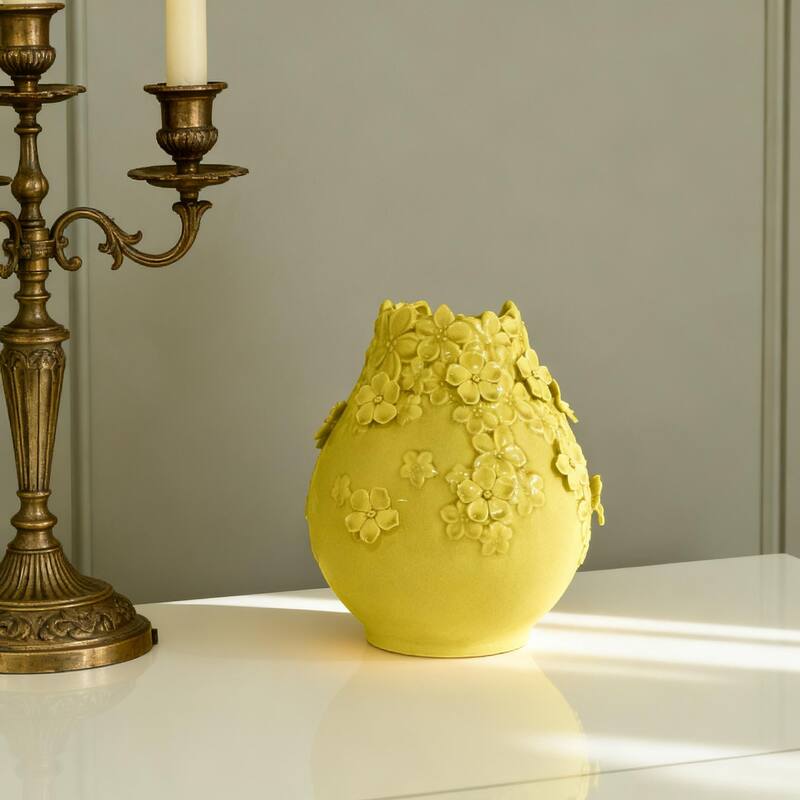 Rossetta Graceful Ceramic Free-Flow Neck Design Decorative Vase with Delicate Small Floral Motifs, 11 Inch - Yellow