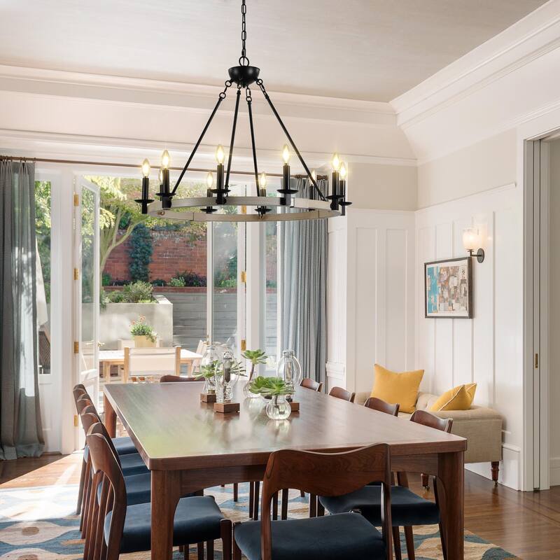 Farmhouse 10-Light Candle Chandelier, Black Metal and Wood Round Hanging Light, Adjustable Height, for Dining Room or Kitchen