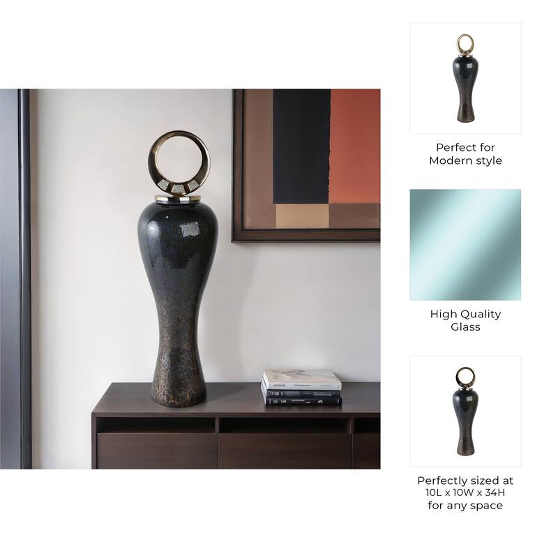 Glass Vase with Modern Sculptural Metal Brass Accent and Stone Detail