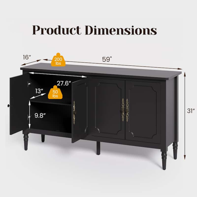59" Accent Cabinet with 4 Doors – MDF Storage Cabinet, Adjustable Shelves, 200 lbs Top Capacity