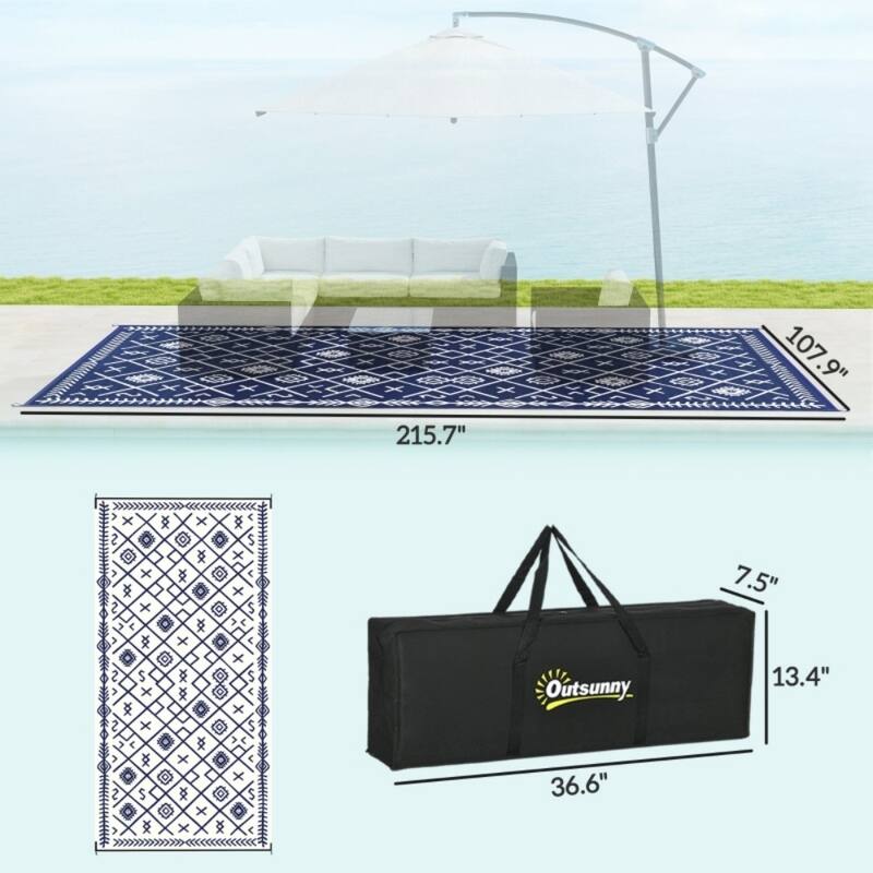 Reversible Outdoor Rug Rhombus Pattern, UV-Protected Foldable Polypropylene Mat with Carry Bag - 215.7" L x 107.9" W