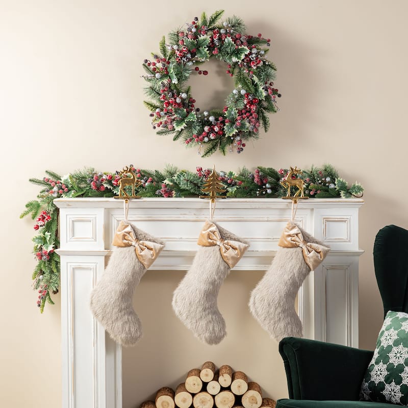 Glitzhome 21"L Plush Faux Fur Christmas Stocking with Bow & Tree Skirt