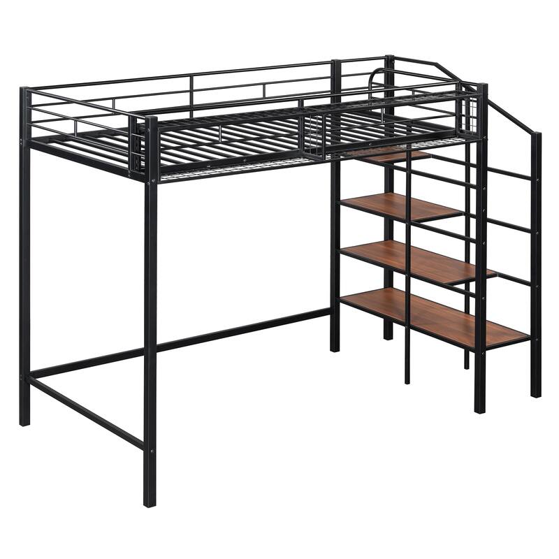 Roomfitters Twin Metal Loft Bed with Upper Grid Storage Shelf and Lateral Storage Ladder