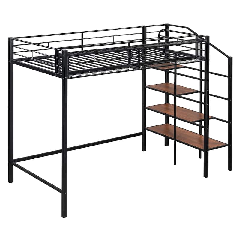 Twin Size Metal Loft Bed with Upper Grid Storage Shelf and Lateral Storage Ladder