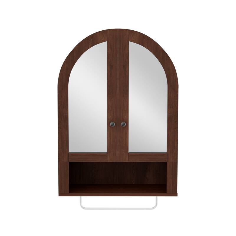 Wall Mounted Arched Cabinet with Mirrored Doors and Adjustable Shelves for Laundry Room, Bathroom, Kitchen - Brown