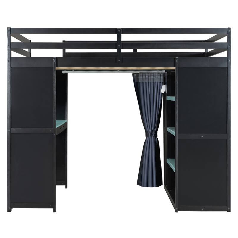 All-in-One Loft Bed Full Size Bedframe with Wardrobe, Shelves, Blackout Curtains, Pegboard, Charging Station and RGB Light Strip