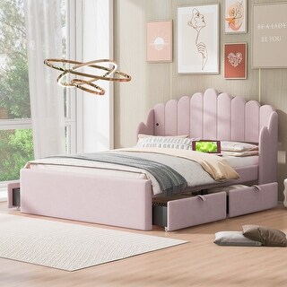 Full Size Upholstered Platform Bed with 4 Drawers and USB Ports