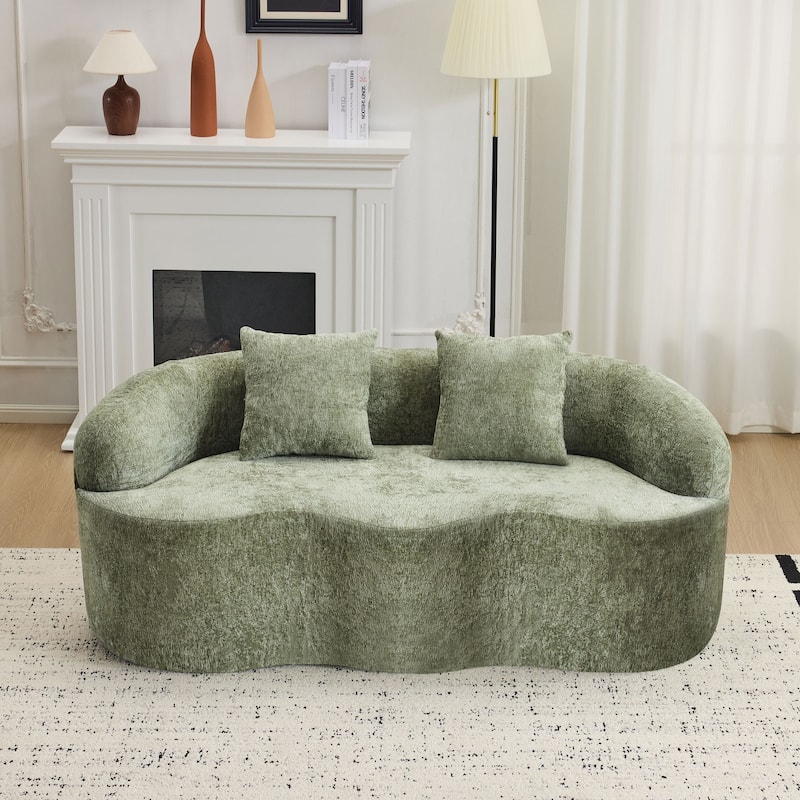 Beige Curved Loveseat Sofa With Round Armrest, Compression Couch With 2 Pillows, Cream Couch For Small Space