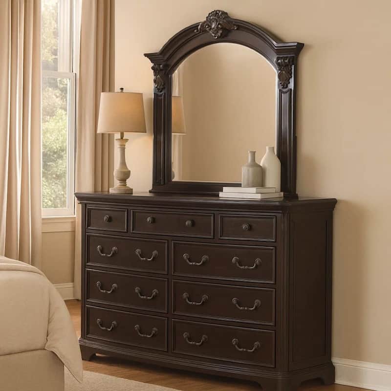 Scalloped Crown Top Wooden Frame Wall Mirror with Molded Details, Brown