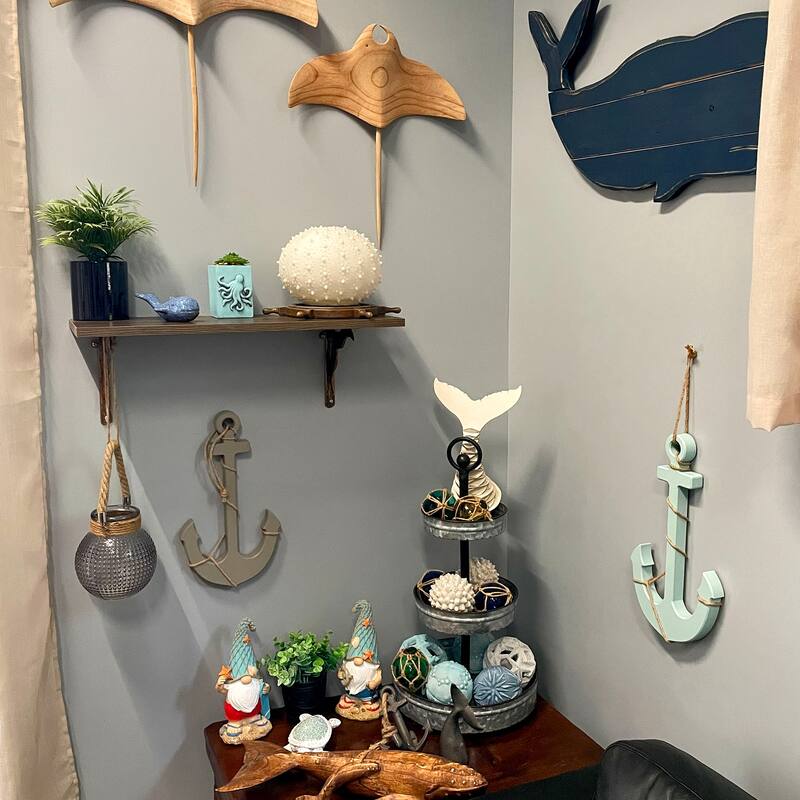 Set Of 2 Wood Nautical Wall Anchors 15In Rope Beach Coastal Decor Blue