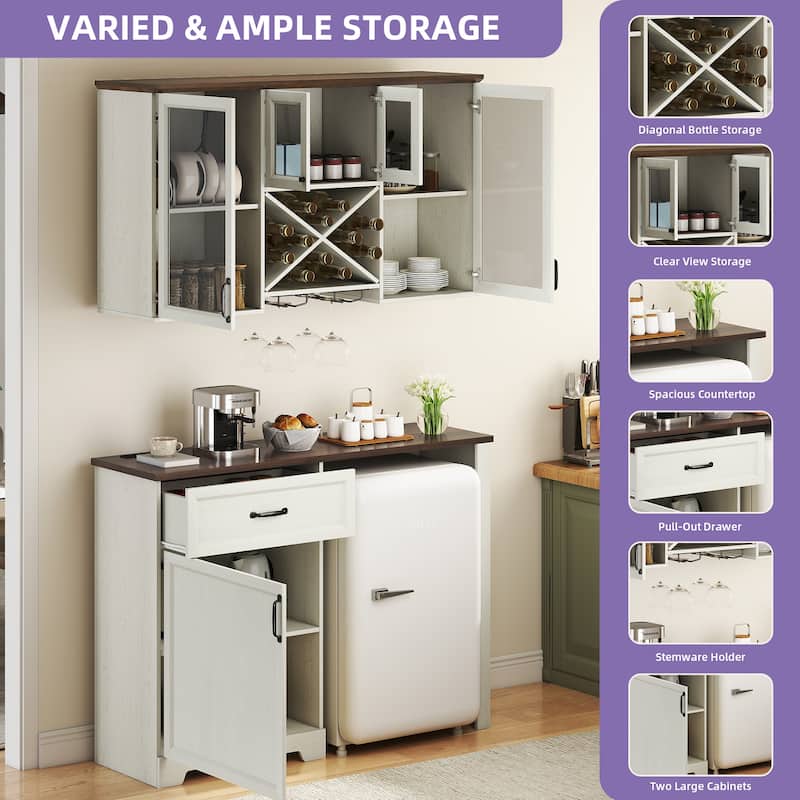 Moasis Kitchen Pantry Storage Cabinet with Mini Fridge Space Wall Mount Cabinet and Glass Doors for Organized Kitchen Storage