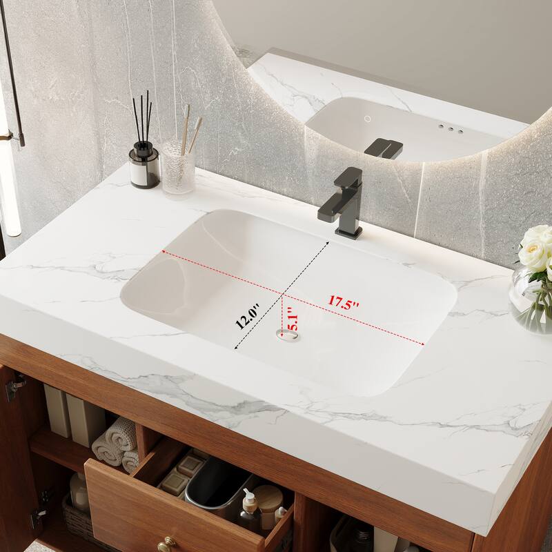 36" Modern Freestanding Bathroom Vanity with Sintered Stone Top, Ceramic Sink & Smart Storage