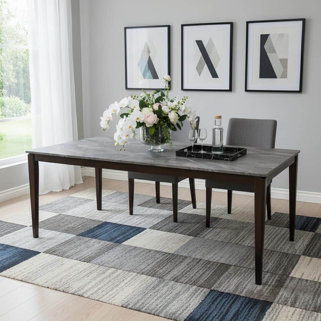 HomeRoots 63" Gray and Walnut Faux Marble and Wood Dining Table - 62.90 in. x 29.50 in. x 35.40 in.