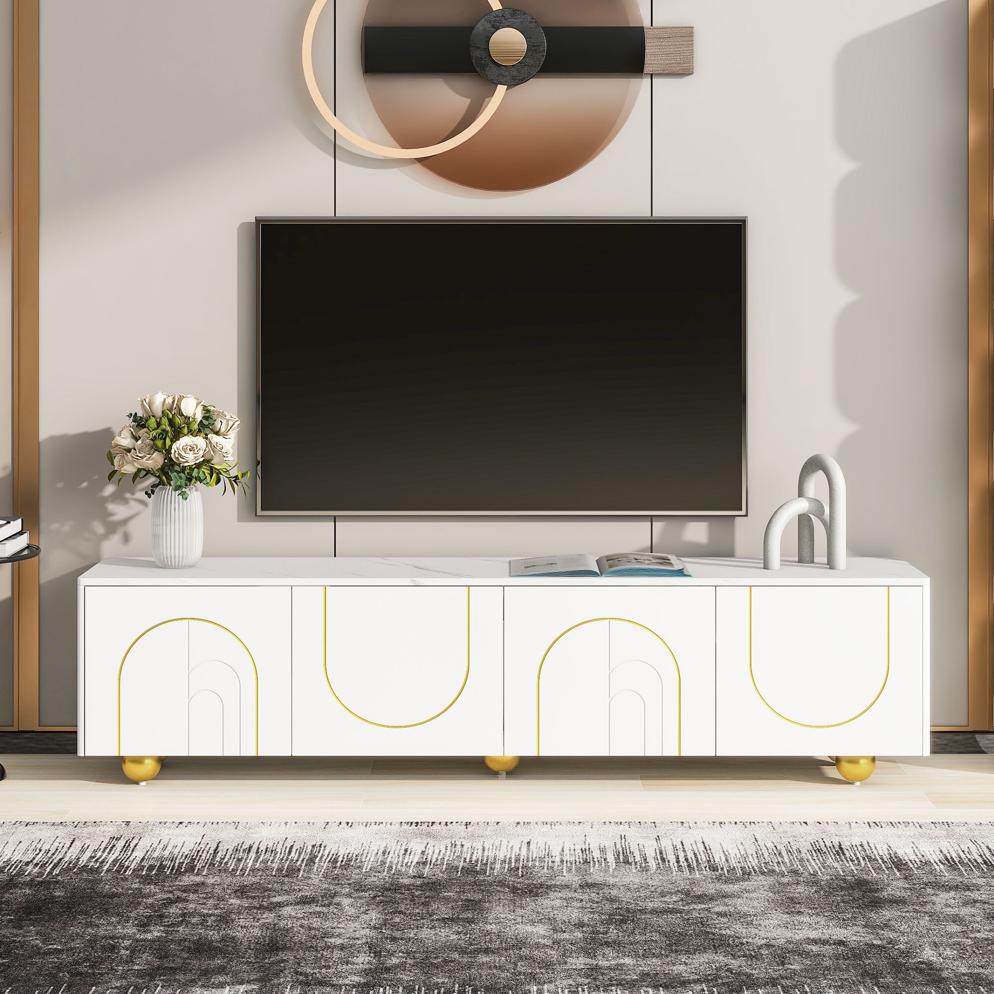 TV Stand Self-service Lockers Media Console Sideboard with Marble Top and  Round Gold Legs, Storage Cabinets and Adjustable Shelf